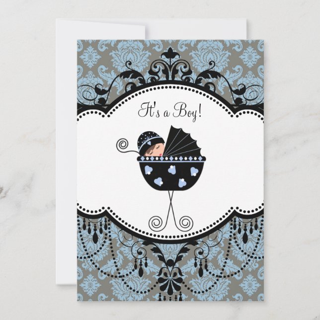 Invitation Douce Baby Shower Bleu Damassé pour Garçon (Devant)