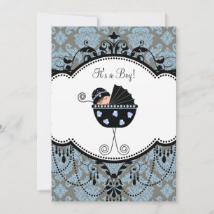 Invitation Douce Baby Shower Bleu Damassé pour Garçon
