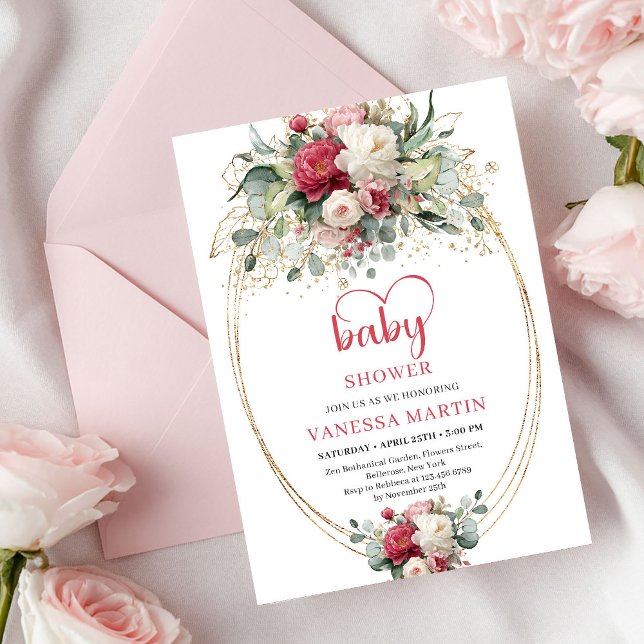 Invitation Douce Baby Shower Bohème Bourgogne Blanc Verdure (Sweet Bohemian Burgundy White Greenery Baby Shower)