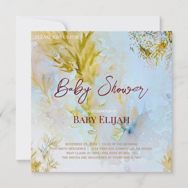 Invitation Douce Baby-Shower Céleste aux Feuilles Aquarelle (Devant)