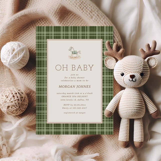 Invitation Douce Baby Shower Cheval à Bascule à Carreaux Prép (Créateur téléchargé)