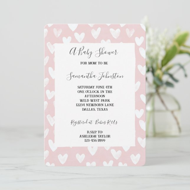 Invitation Douce Baby Shower coeurs roses et blancs (Debout devant)