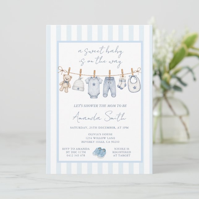 Invitation Douce Baby Shower Corde à Linge Suspendue Rustique (Debout devant)