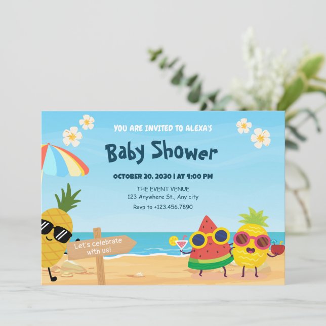 Invitation Douce baby shower de fruits de dessin animé de pla (Debout devant)