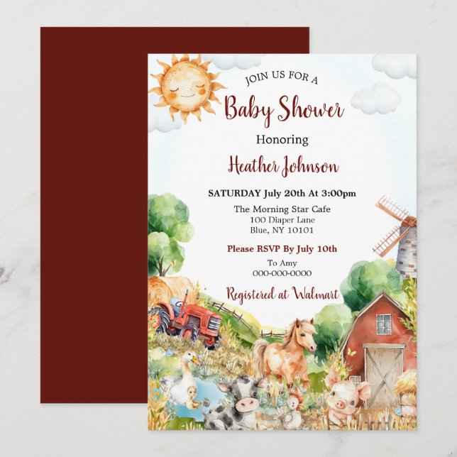 Invitation Douce Baby Shower Ferme à l'aquarelle (Devant / Derrière)