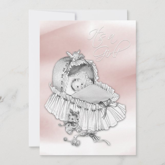 Invitation Douce Baby Shower Fille Rose et Gris (Devant)