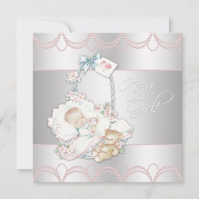 Invitation Douce Baby Shower Fille Rose Vintage (Devant)