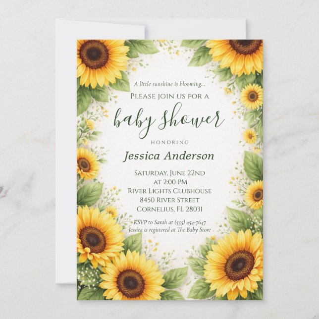 Invitation Douce Baby Shower Fleur de Tournesol Jaune Aquarel (Devant)