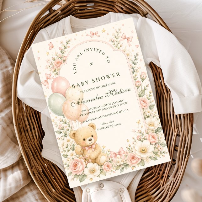 Invitation Douce Baby Shower Fleurie sur le thème de Teddy l' (Créateur téléchargé)