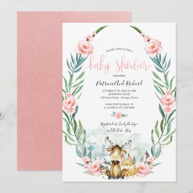 Invitation Douce Baby Shower Florale de la Forêt (Devant / Derrière)