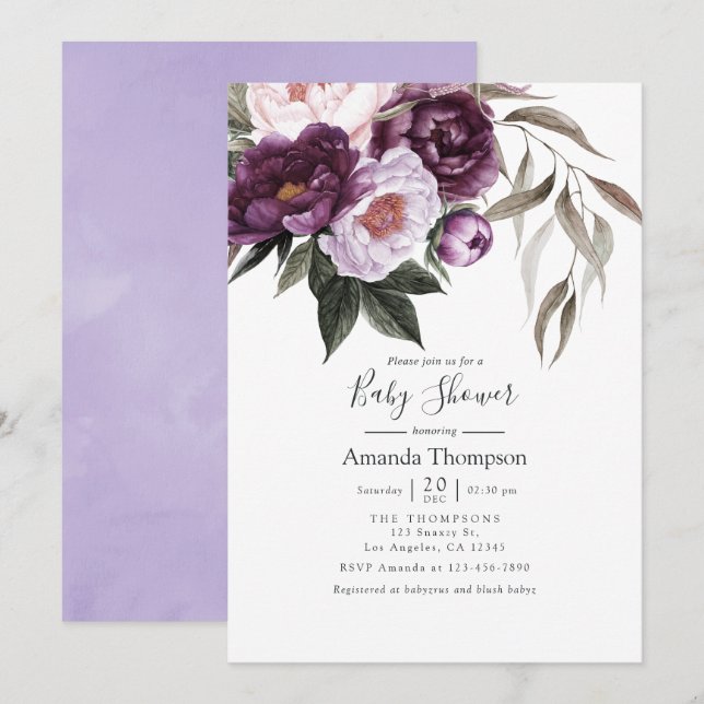 Invitation Douce Baby Shower Florale en Velours Profond (Devant / Derrière)