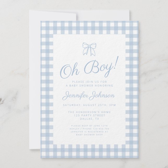 Invitation Douce Baby Shower Garçon avec Nœud Gingham Bleu (Devant)