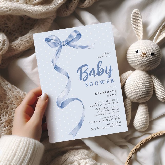Invitation Douce Baby Shower Garçon Ruban Nœud Bleu Mignon (Créateur téléchargé)