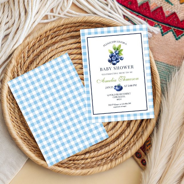 Invitation Douce Baby Shower Gingham Bleu aux Fruits Rouges (Créateur téléchargé)