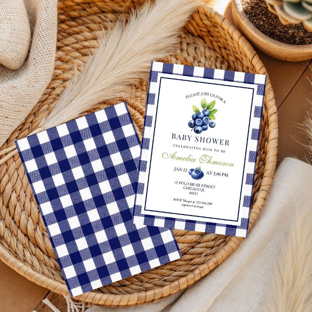 Invitation Douce Baby Shower Gingham Bleu aux Fruits Rouges (Créateur téléchargé)