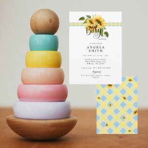 Invitation Douce Baby Shower Gingham Jaune Bleu Tournesol