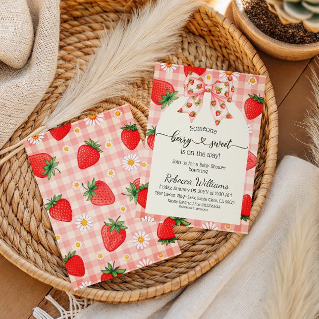 Invitation Douce Baby Shower Gingham Rustique aux Fraises (Créateur téléchargé)
