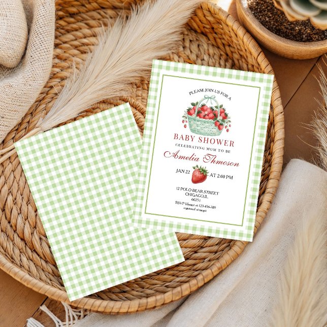 Invitation Douce Baby Shower Gingham Vert à la Fraise  (Créateur téléchargé)