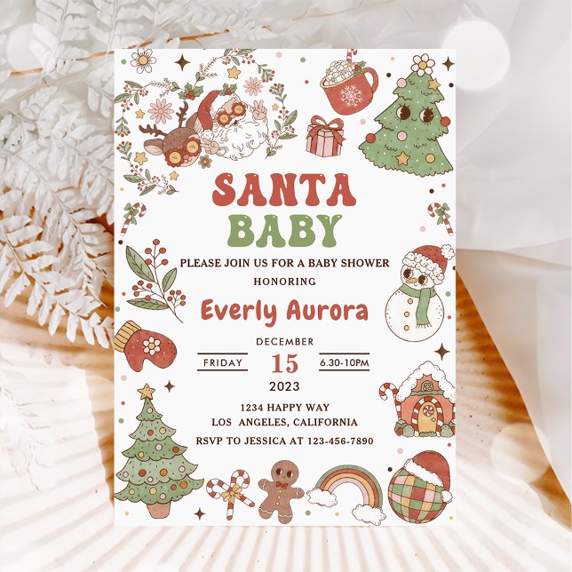 Invitation Douce Baby Shower Groovy Noël Santa (Créateur téléchargé)