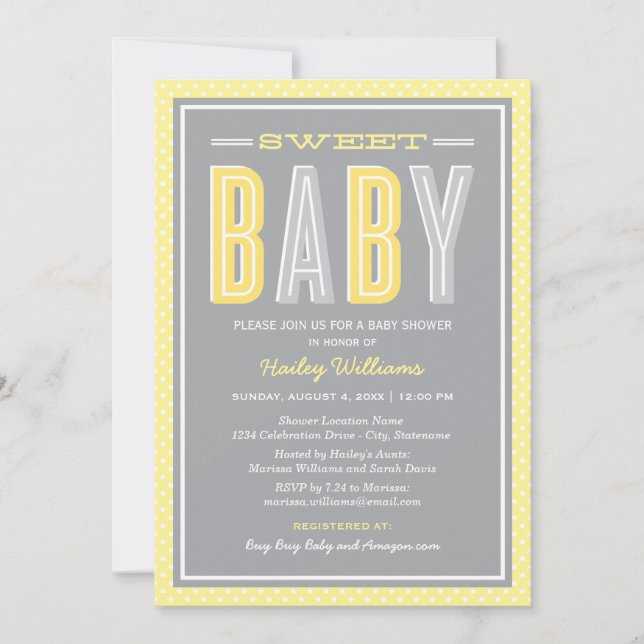 Invitation Douce Baby Shower Jaune Gris Foncé Typographie Gra (Devant)
