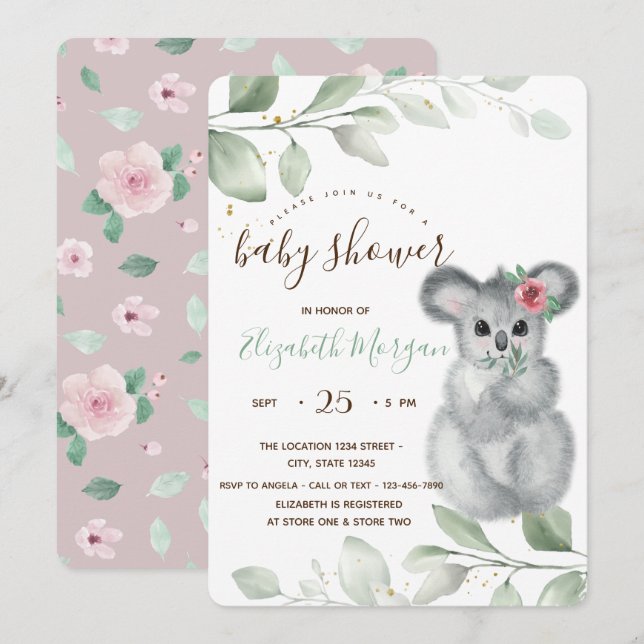 Invitation Douce Baby-Shower Koala aux Roses (Devant / Derrière)