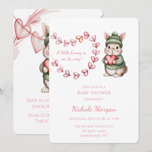 Invitation Douce Baby Shower Lapin Aquarelle  (Devant / Derrière)