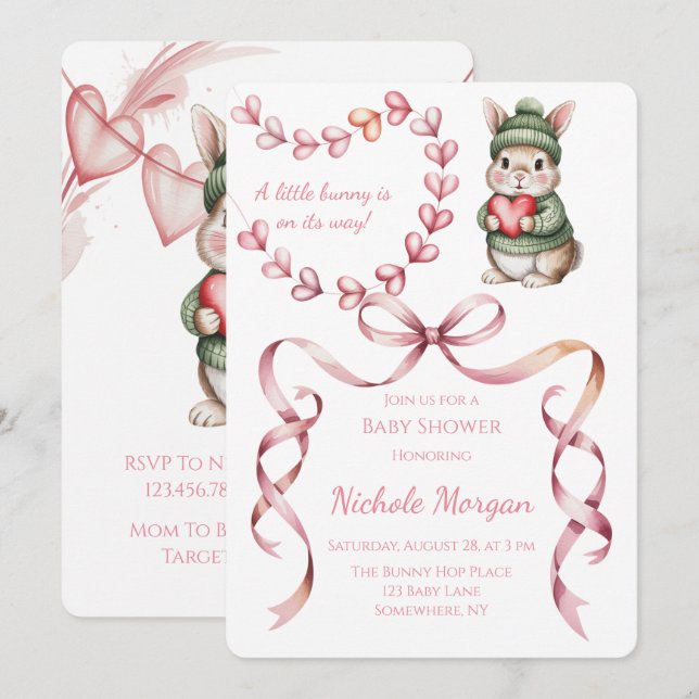 Invitation Douce Baby Shower Lapin Aquarelle  (Devant / Derrière)