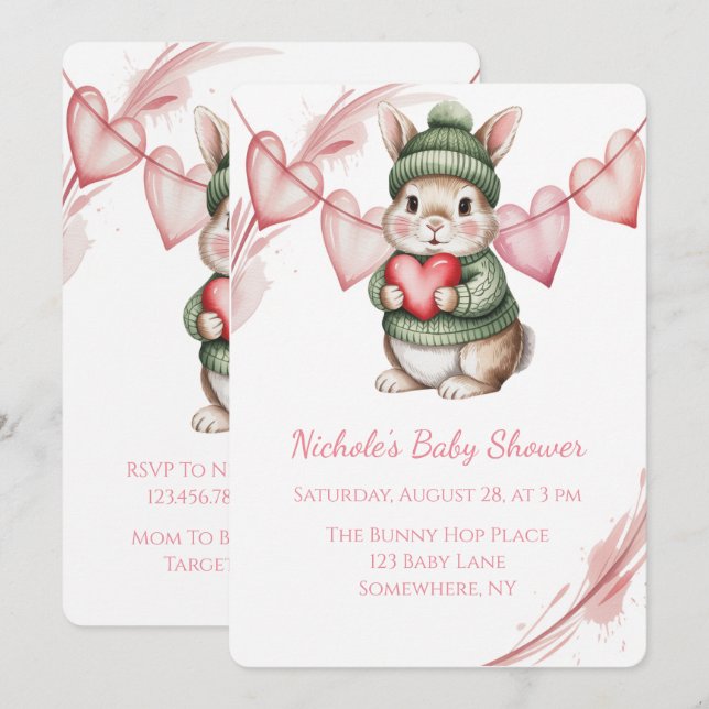 Invitation Douce Baby Shower Lapin Aquarelle  (Devant / Derrière)