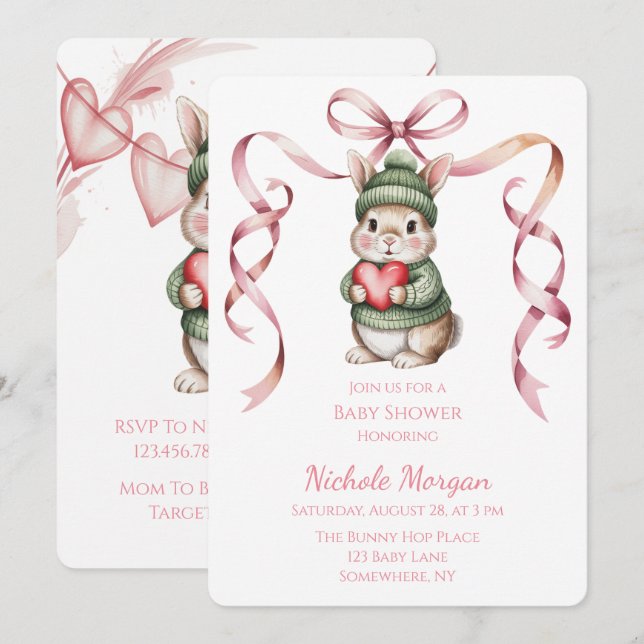 Invitation Douce Baby Shower Lapin Aquarelle  (Devant / Derrière)