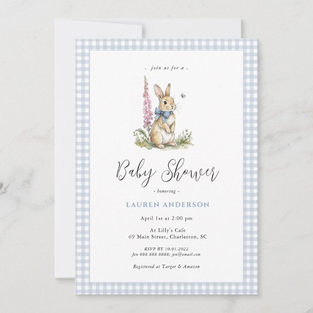 Invitation Douce Baby Shower Lapin Bleu Garçon  (Devant)