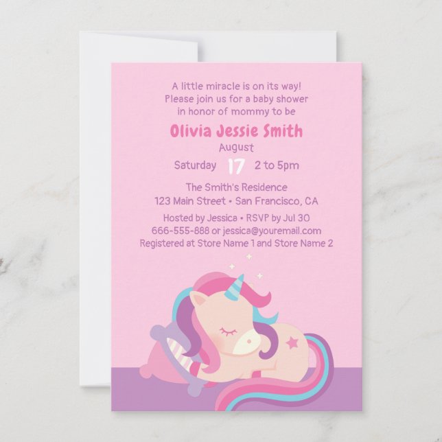 Invitation Douce Baby-Shower Licorne Bébé Endormi (Devant)
