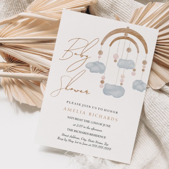 Invitation Douce Baby Shower Mobile Nuage Bleu Boho (Créateur téléchargé)