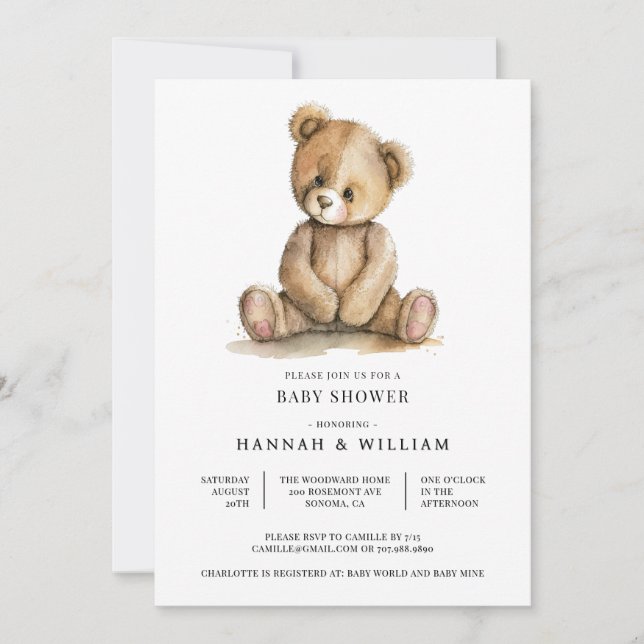Invitation Douce Baby Shower Ours en Peluche (Devant)