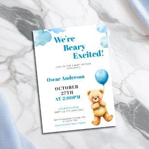 Invitation Douce Baby Shower Ours en Peluche Ballon Aquarelle