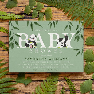 Invitation Douce Baby Shower Panda & Feuillage Neutre