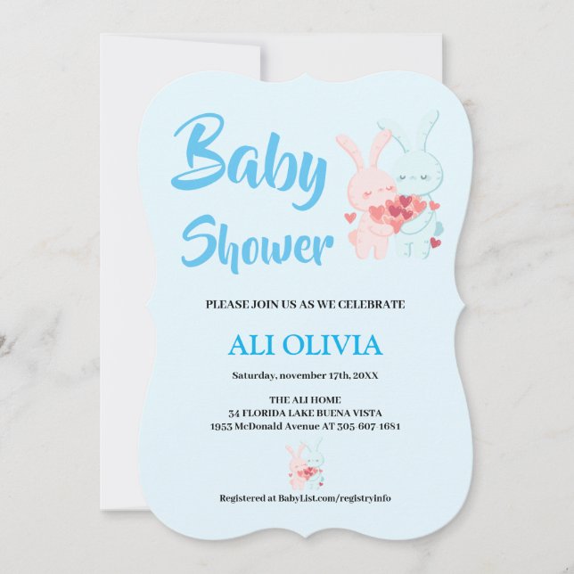 Invitation Douce baby shower pour les amoureux de lapins (Devant)
