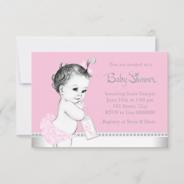 Invitation Douce Baby Shower Rose et Grise (Devant)