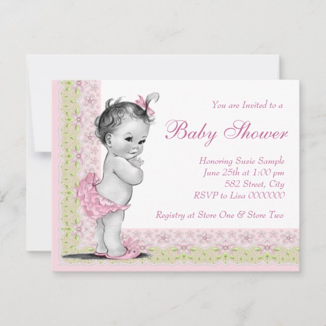 Invitation Douce Baby Shower Rose et Verte pour Bébé (Devant)