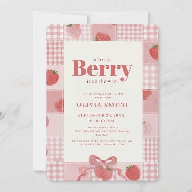 Invitation Douce Baby Shower Rose Gingham aux Fruits Rouges (Devant)
