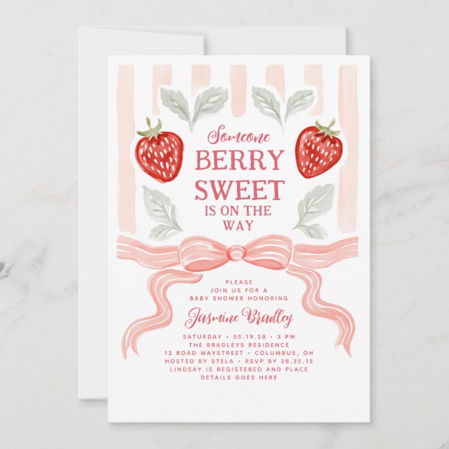 Invitation Douce Baby Shower Rose Ruban Fraise (Devant)