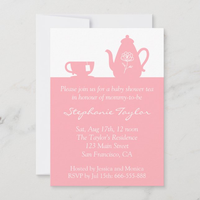 Invitation Douce Baby Shower Rose, Thé Party pour la future m (Devant)