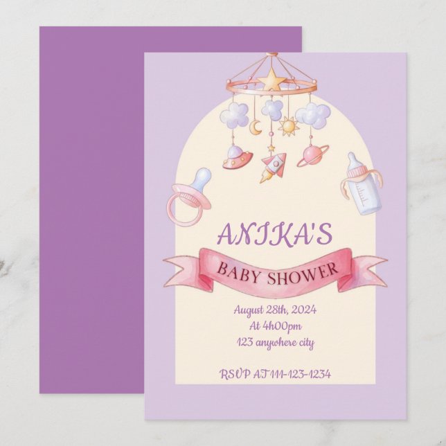 Invitation Douce baby shower rose violet fille  (Devant / Derrière)