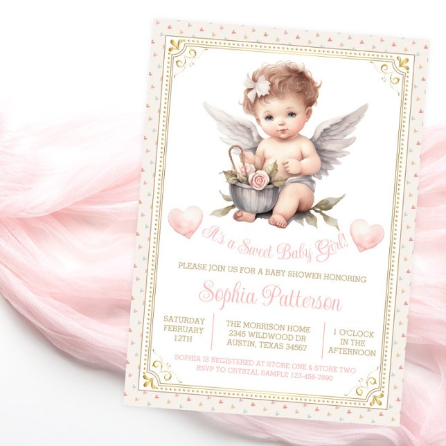 Invitation Douce Baby Shower Saint-Valentin Chérubin (Sweet baby shower invitation with adorable baby girl cherub on a pretty heart background.)