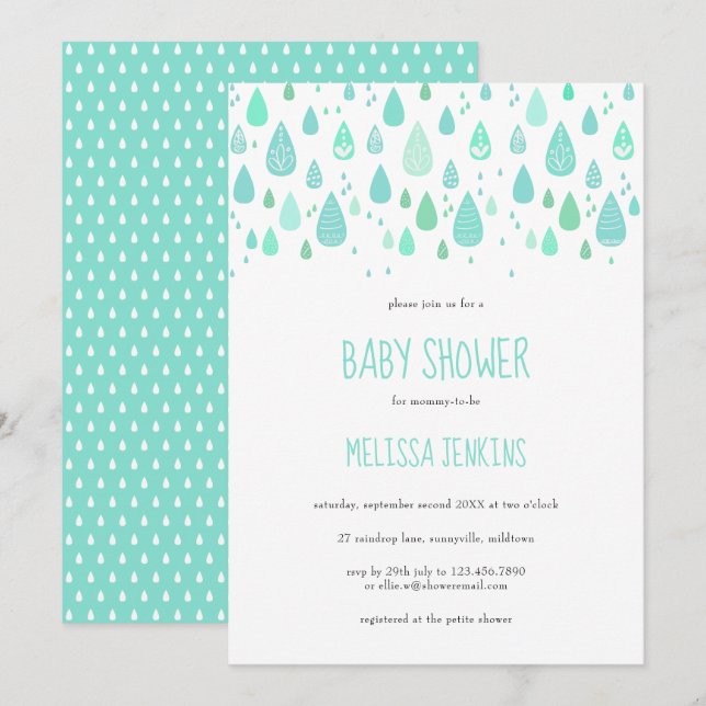 Invitation Douce Baby Shower / Sprinkle de gouttes de pluie (Devant / Derrière)