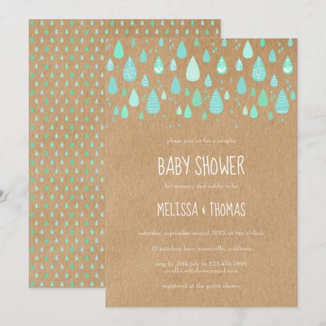 Invitation Douce Baby Shower / Sprinkle de gouttes de pluie p (Devant / Derrière)