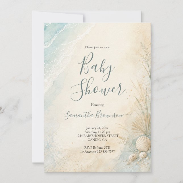 Invitation Douce Baby Shower sur la Côte de Sable (Devant)