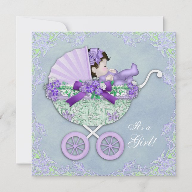 Invitation Douce Baby Shower Violet et Vert (Devant)