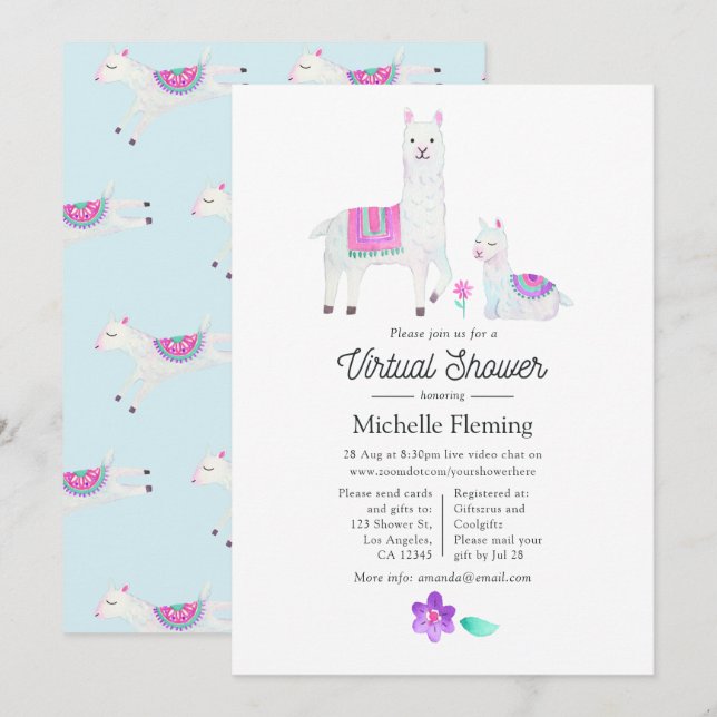 Invitation Douce Baby Shower Virtuelle à thème Lama Aquarelle (Devant / Derrière)