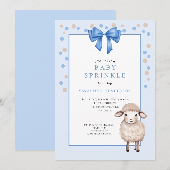 Invitation Douce Baby Sprinkle Bleu avec Arc et Agneau Mignon (Devant / Derrière)