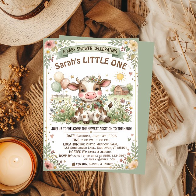 Invitation Douce Baby Vache Florale Ferme Maternité  (Créateur téléchargé)